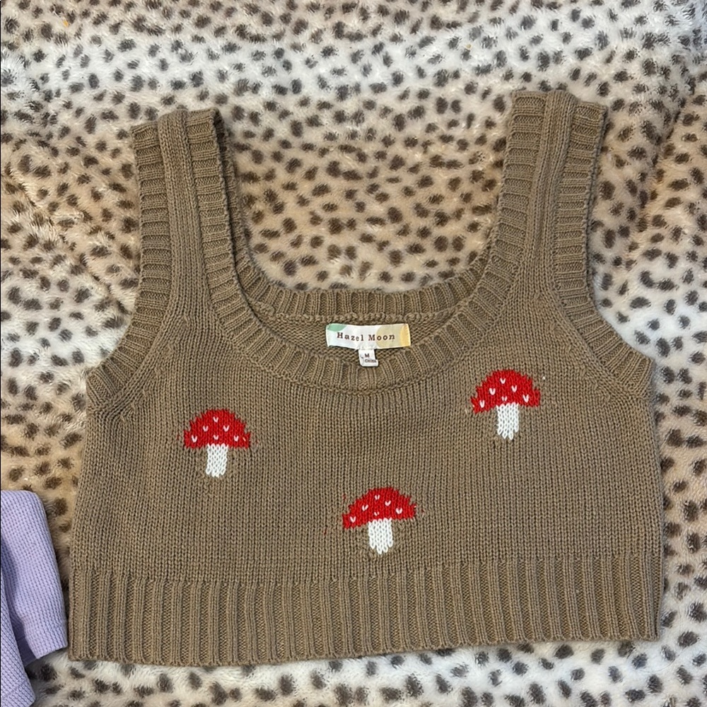 Brown Crop Top with Red Mushroom Design-Knitted material